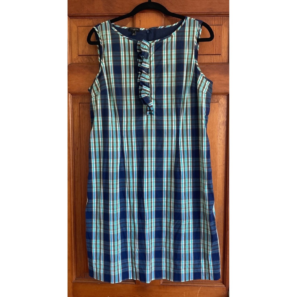 Talbots Womens 14P Blue Green Plaid Ruffle Sleeveless Shift Dress Preppy Peitie